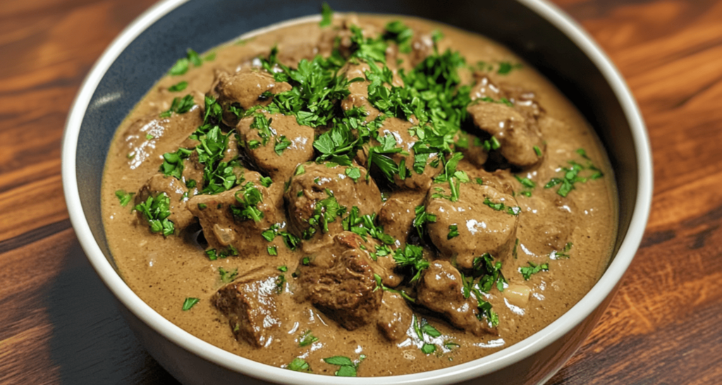Slow-cooker beef stroganoff with tender beef, creamy mushroom sauce, and egg noodles.