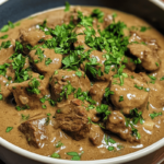 Slow-cooker beef stroganoff with tender beef, creamy mushroom sauce, and egg noodles.