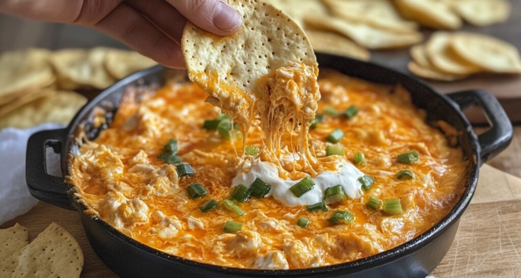 Frank's Buffalo Chicken Dip, creamy and cheesy, served with celery, tortilla chips, and crackers.
