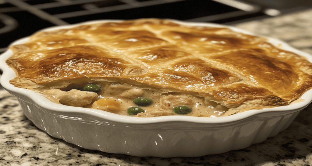Marie Callender's-style chicken pot pie with a flaky crust and creamy chicken and vegetable filling.