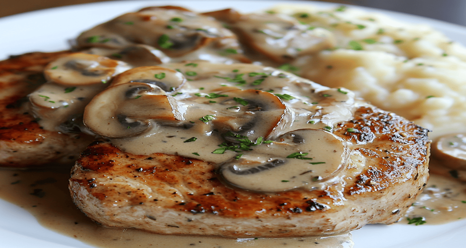 Slow-cooked pork chops with creamy mushroom soup sauce, served with mashed potatoes and vegetables.