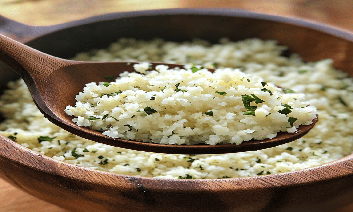 A bag of frozen cauliflower rice from Costco, featuring vibrant packaging, displayed on a wooden kitchen countertop with fresh vegetables in the background.