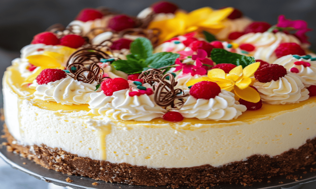 A creamy and decadent Philly cheesecake topped with fresh strawberries and a drizzle of strawberry sauce, served on a white plate with a fork beside it.