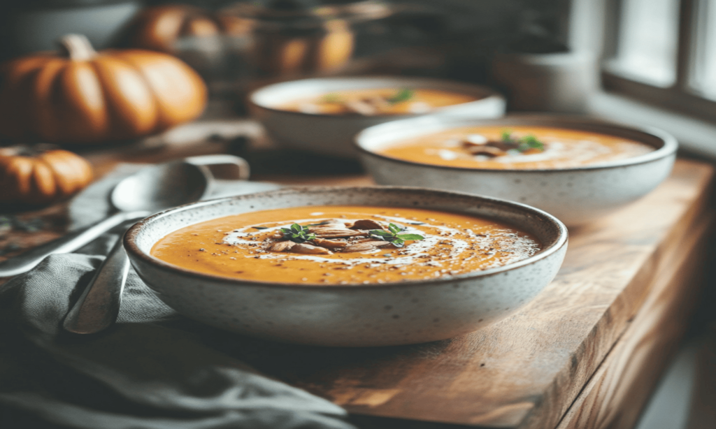 A bowl of pumpkin pie soup in a cozy kitchen setting, placed on a wooden countertop with soft natural lighting, emphasizing the creamy orange texture of the soup.