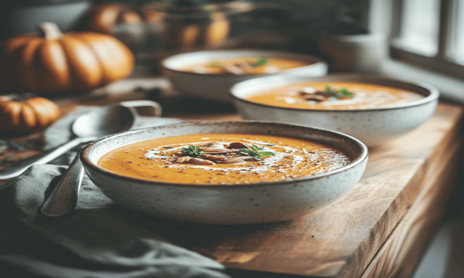 A bowl of pumpkin pie soup in a cozy kitchen setting, placed on a wooden countertop with soft natural lighting, emphasizing the creamy orange texture of the soup.