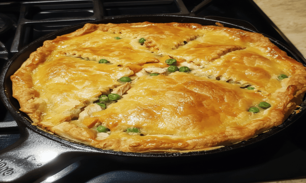 A golden-brown Pillsbury chicken pot pie served in a baking dish, filled with tender chicken, colorful vegetables, and creamy sauce.