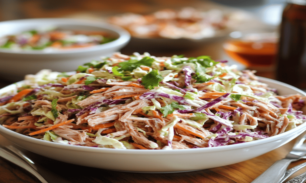A hearty plate of pulled pork topped with creamy coleslaw, served on a rustic wooden table with a side of pickles and barbecue sauce.
