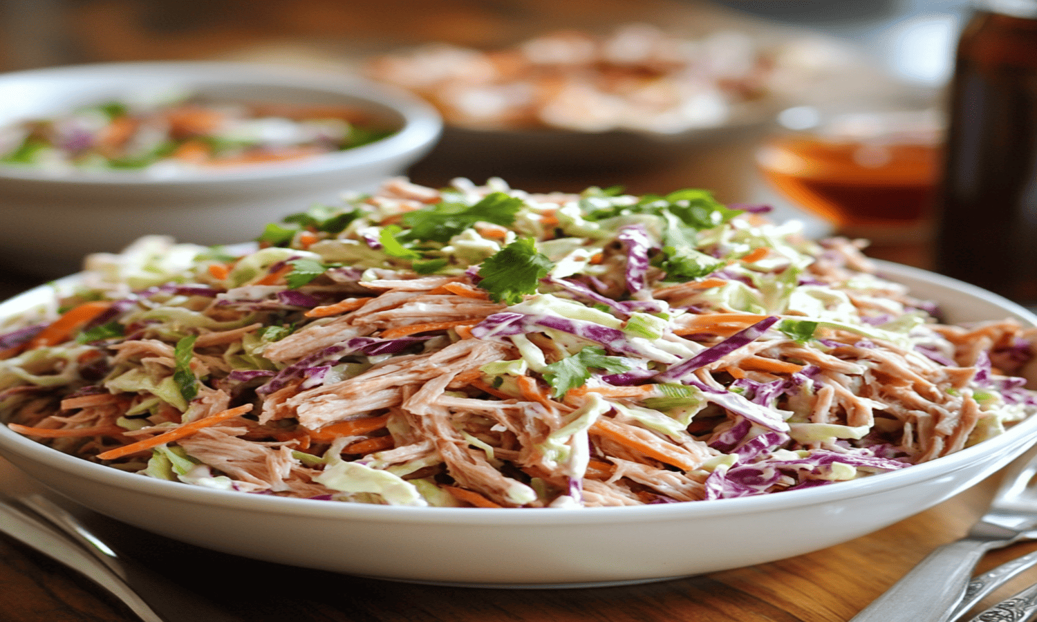 A hearty plate of pulled pork topped with creamy coleslaw, served on a rustic wooden table with a side of pickles and barbecue sauce.