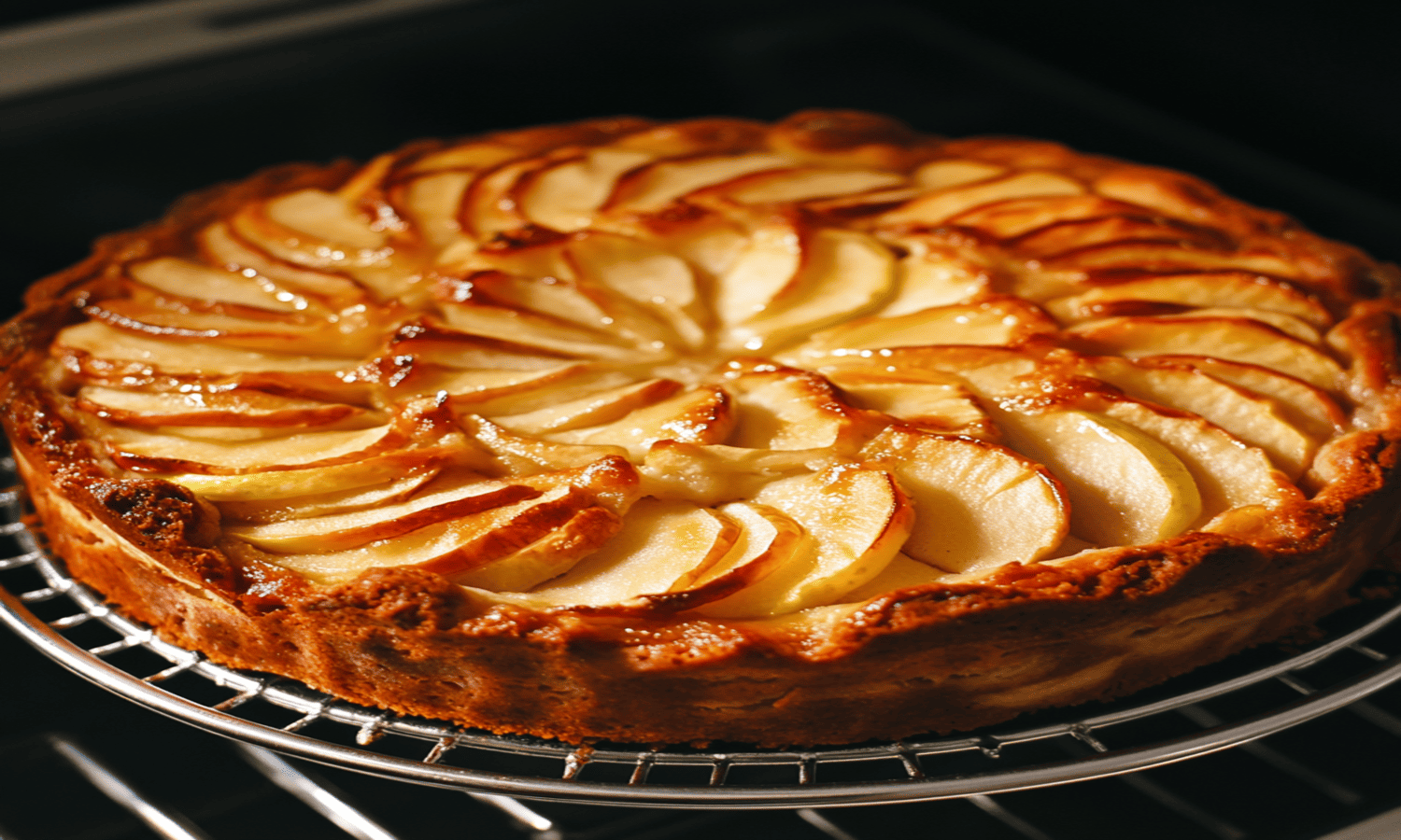 A slice of apple fritter cake topped with a glossy glaze, showcasing tender apple pieces and a cinnamon swirl, served on a white plate with fresh apples in the background.