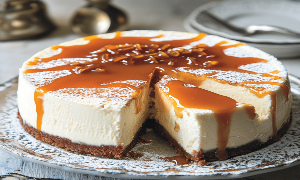 A decadent apple crumble cheesecake with a creamy cheesecake layer, spiced apple filling, and a golden crumble topping, served on a white plate.