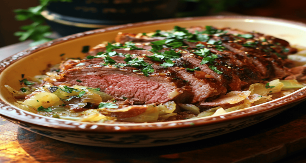 A rustic dish of smoked beef and cabbage served on a plate, featuring tender slices of smoked beef with cooked cabbage on the side.