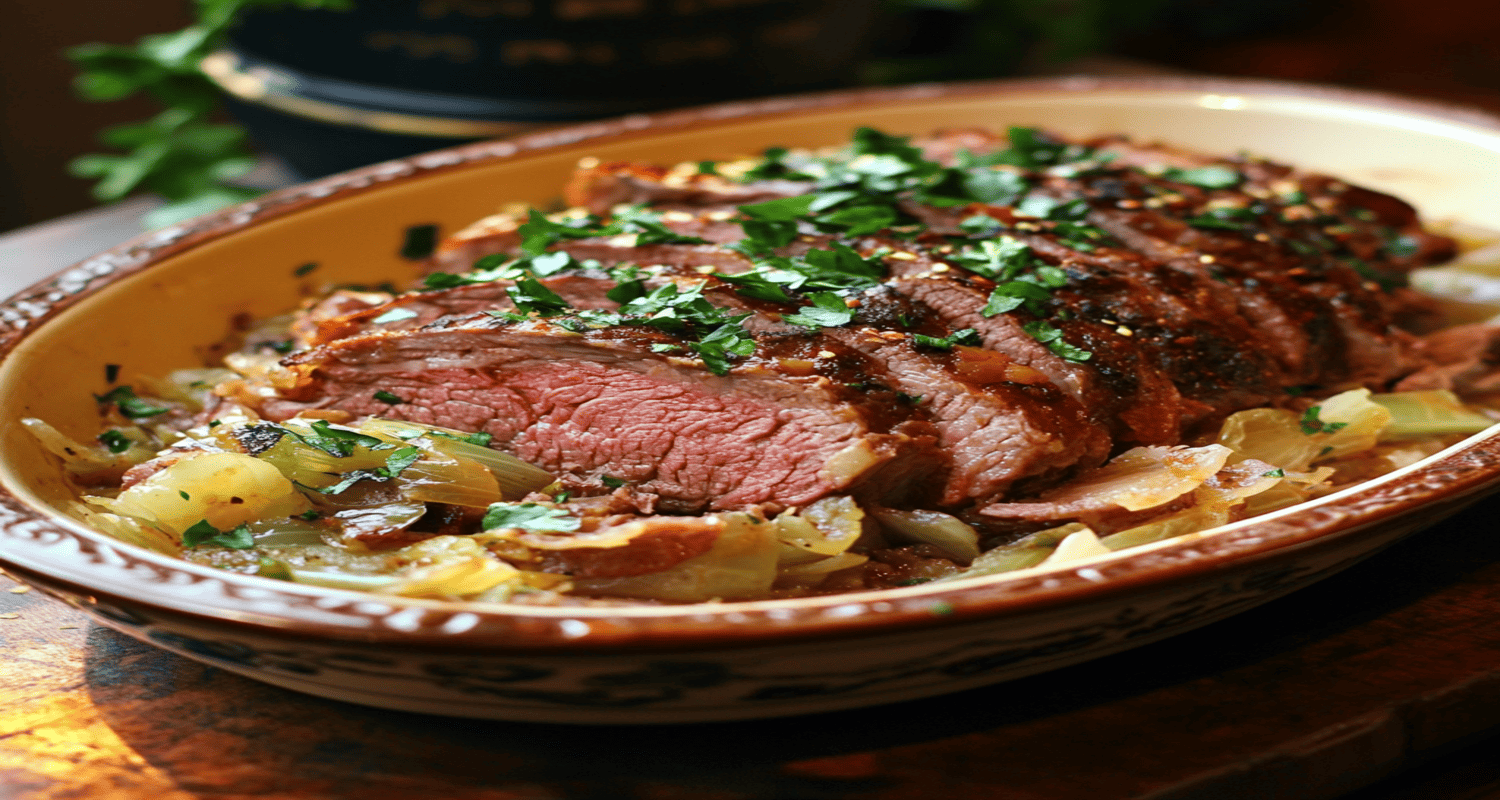 A rustic dish of smoked beef and cabbage served on a plate, featuring tender slices of smoked beef with cooked cabbage on the side.