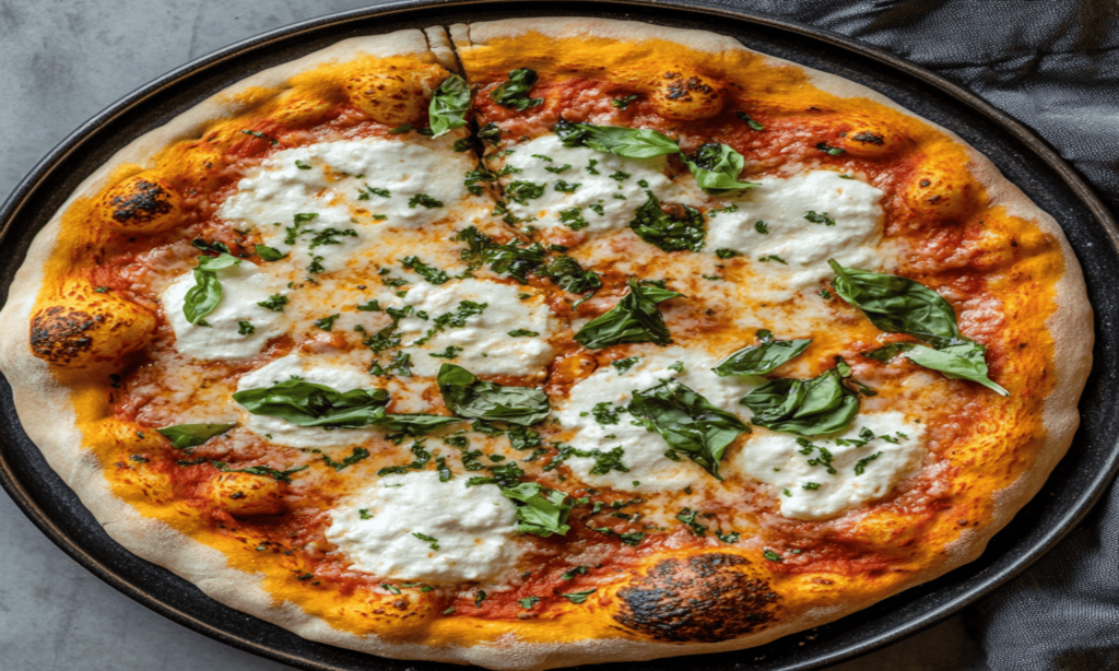 A freshly baked sourdough discard pizza with a golden crust, topped with vibrant tomato sauce, melted cheese, and fresh basil leaves.