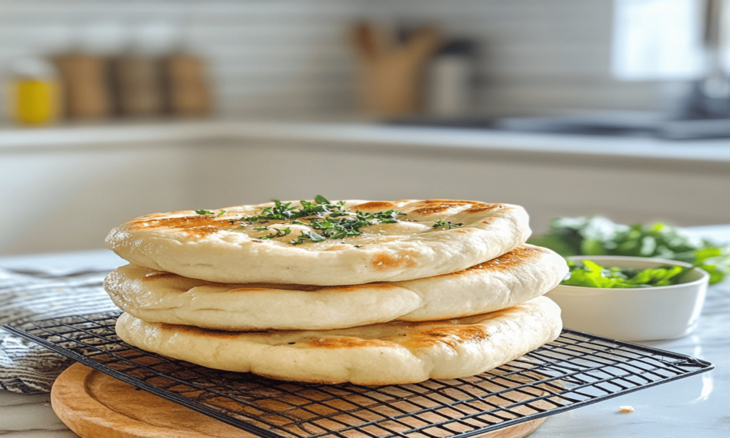 Freshly baked sourdough pita bread with a golden-brown crust, puffed centers, and a soft, airy texture, displayed on a wooden board.