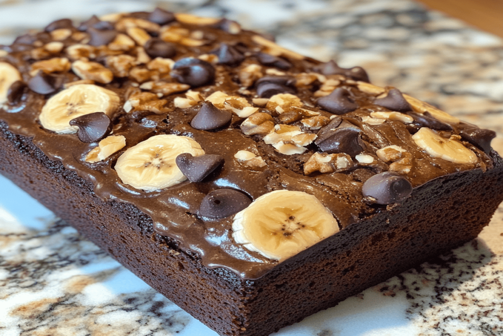 Freshly baked banana bread on a wooden cutting board, garnished with walnuts and sliced bananas, ready to serve.