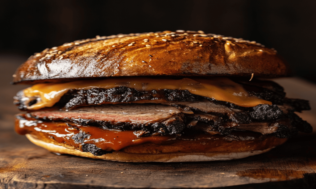 A hearty beef brisket sandwich filled with tender, smoky beef, tangy barbecue sauce, and fresh coleslaw, served on a rustic wooden table.