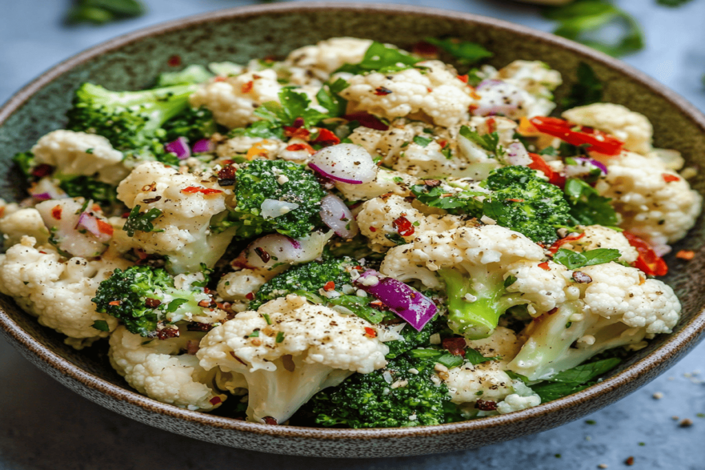 Broccoli Cauliflower Salad with creamy dressing and fresh vegetables.
