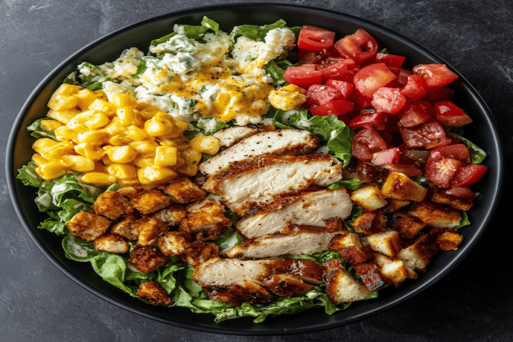 Chick-fil-A Cobb Salad with grilled chicken, hard-boiled eggs, bacon, tomatoes, and blue cheese in a fresh bowl.