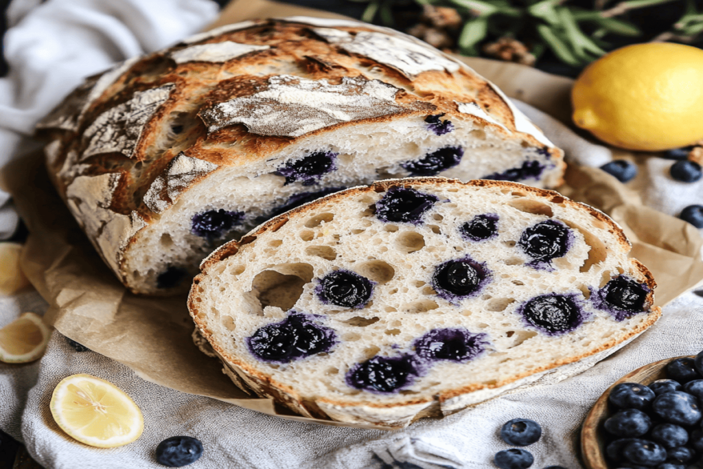 Lemon Blueberry Sourdough Bread with lemon zest and fresh blueberries on a wooden table.