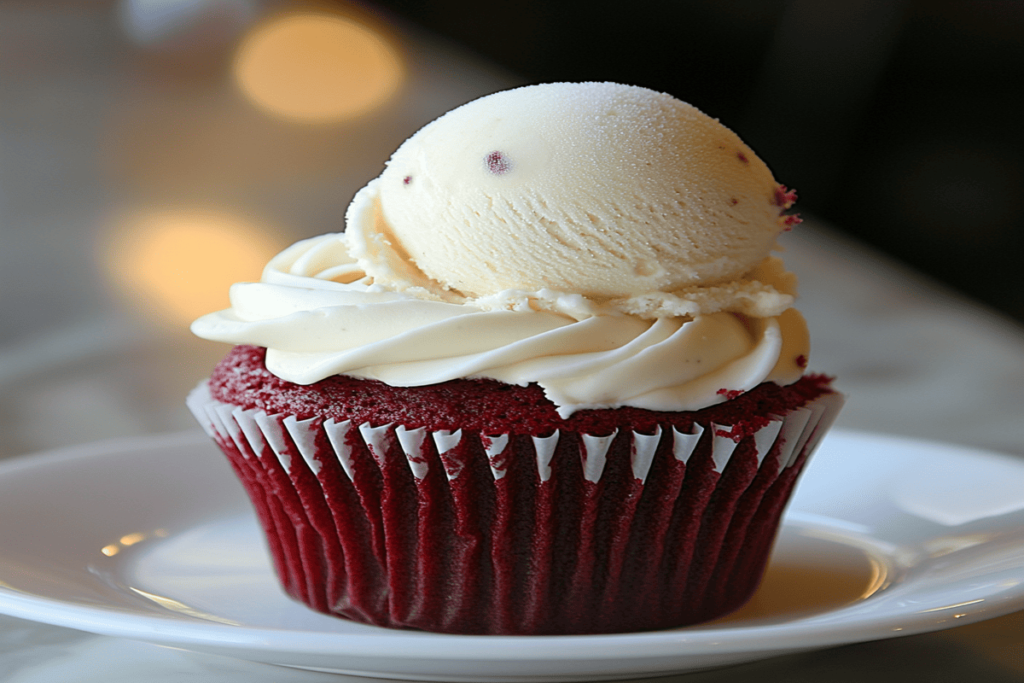 Delicious red velvet cupcakes topped with creamy white frosting, garnished with a sprinkle of red velvet crumbs.