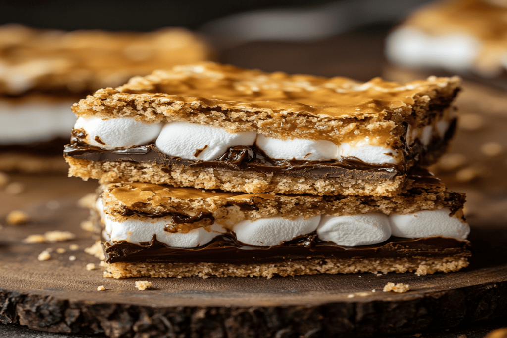 Delicious s'mores bars with graham cracker crust, gooey marshmallow layer, and melted chocolate, served on a rustic wooden plate.