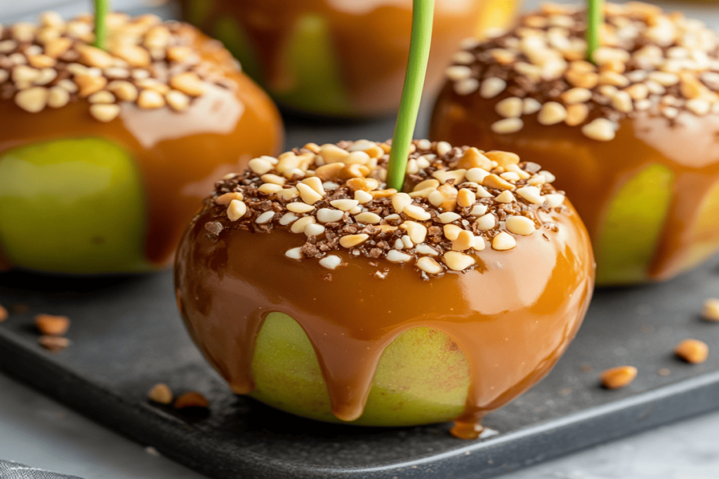 A delicious Apple Pie Caramel Apple coated in golden caramel, topped with cinnamon sugar and pie crust crumbs.