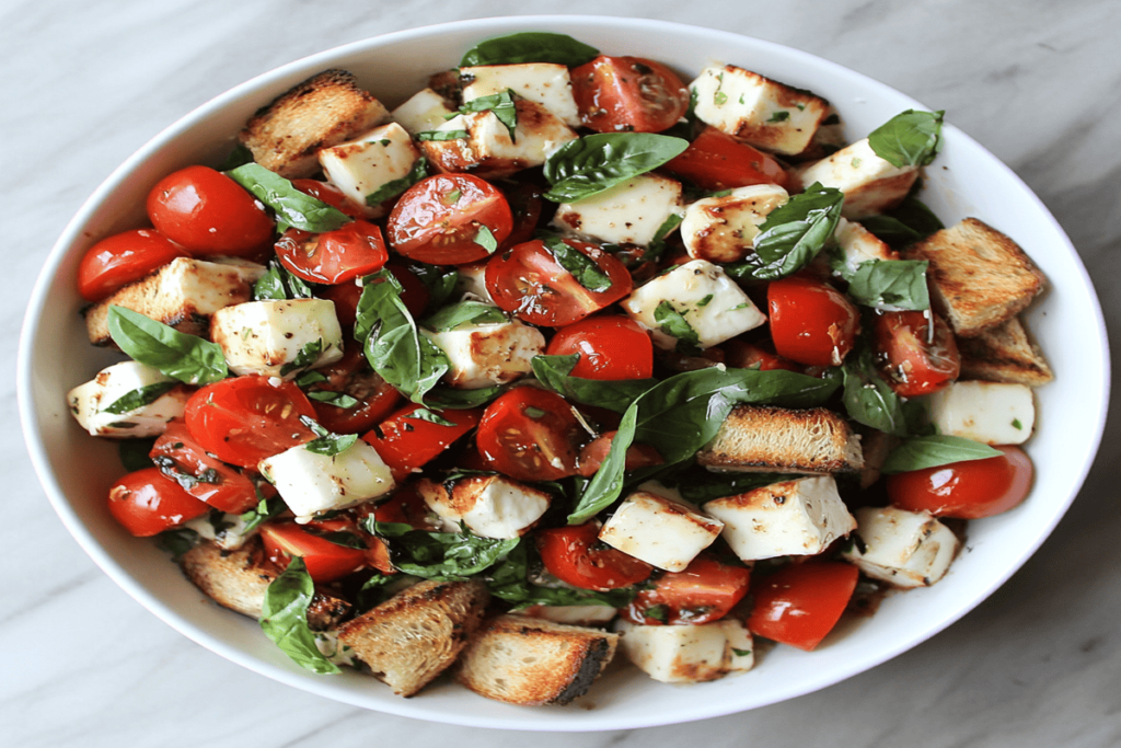 Fresh bruschetta caprese salad with sliced tomatoes, mozzarella, basil leaves, and a drizzle of balsamic glaze on toasted bread slices.