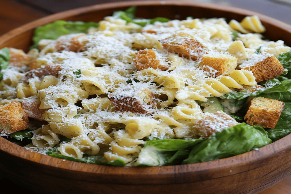 A delicious serving of Caesar Pasta Salad with al dente pasta, crispy romaine lettuce, grilled chicken, crunchy croutons, and a creamy Caesar dressing, topped with freshly grated Parmesan cheese.