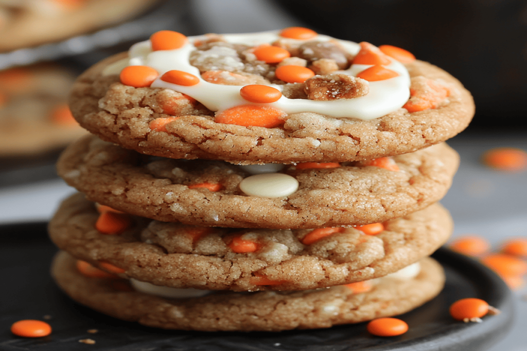 Freshly baked carrot cake cookies topped with cream cheese frosting, cooling on a rack in a cozy kitchen setting.