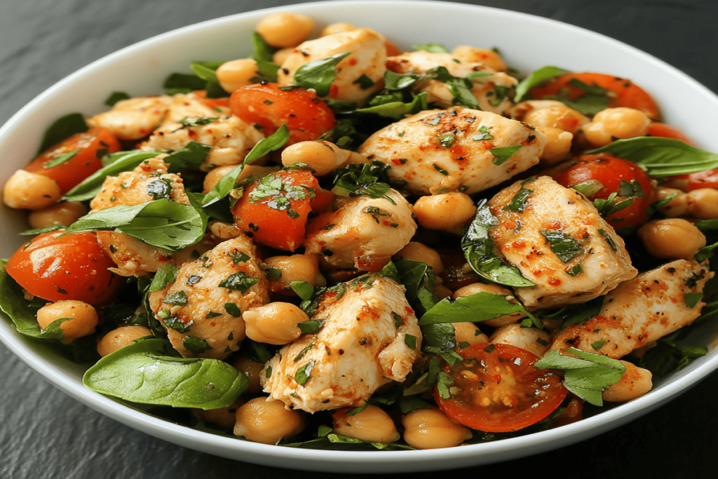 A delicious and nutritious chicken and chickpea salad featuring grilled chicken slices, chickpeas, fresh vegetables like tomatoes, cucumbers, and red onions, garnished with herbs and topped with a creamy dressing.