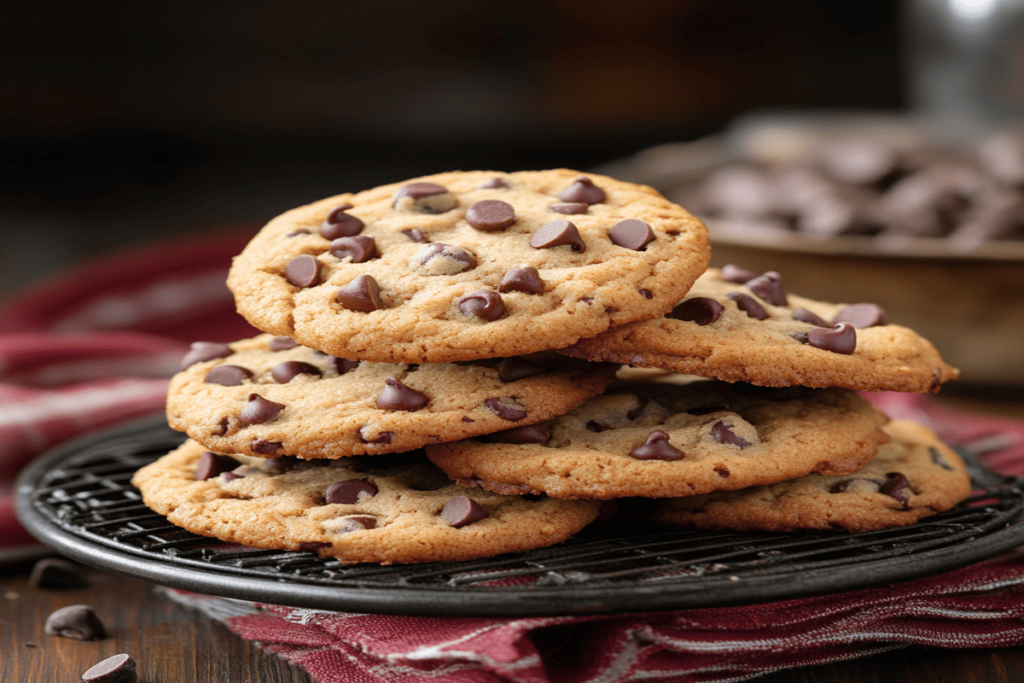A plate of freshly baked chocolate chip cookies with golden-brown edges and gooey chocolate centers, served on a rustic wooden table with a glass of milk.