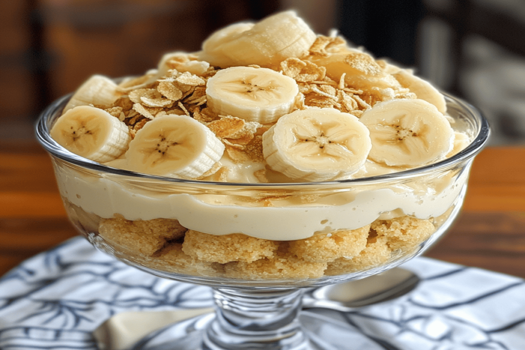 A bowl of classic banana pudding with layers of vanilla wafers, fresh banana slices, and creamy pudding, topped with whipped cream.