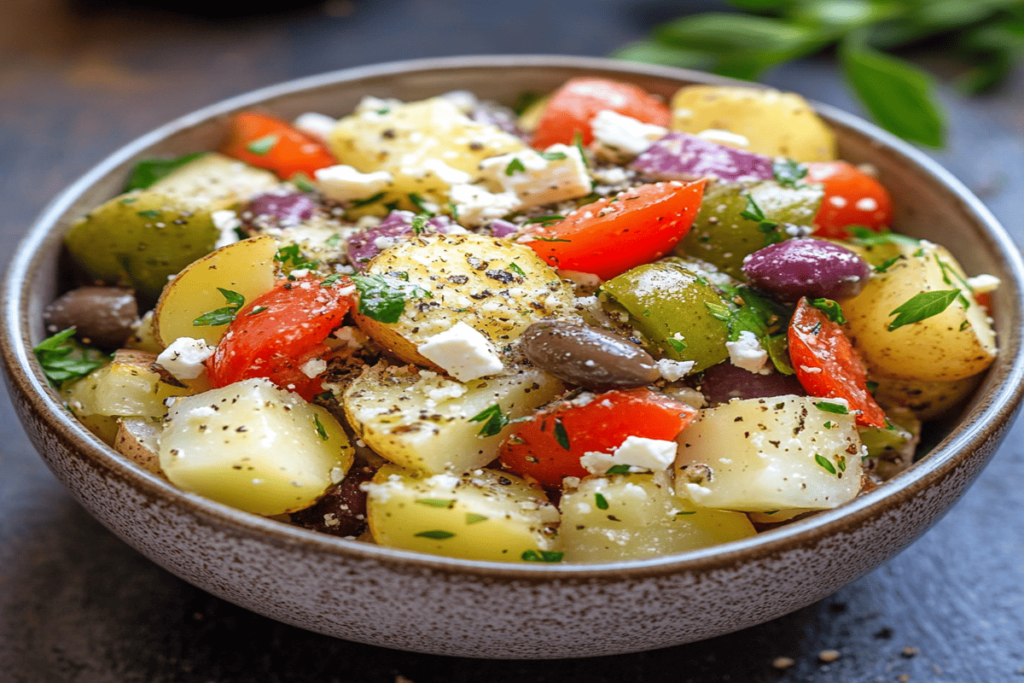 A vibrant Greek potato salad with bite-sized potatoes, crumbled feta cheese, Kalamata olives, fresh herbs, and a light Greek dressing, garnished with cucumber, red onion, and tomatoes.
