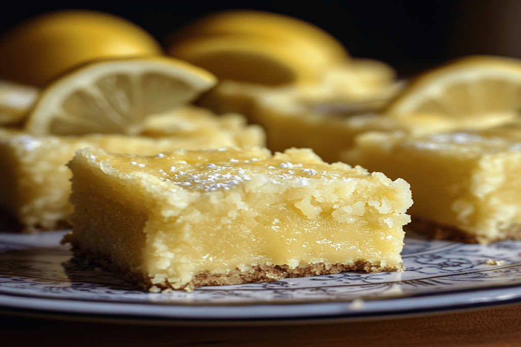 Lemon brownies with a glossy lemon glaze, topped with fresh lemon zest and powdered sugar, served on a rustic wooden plate.