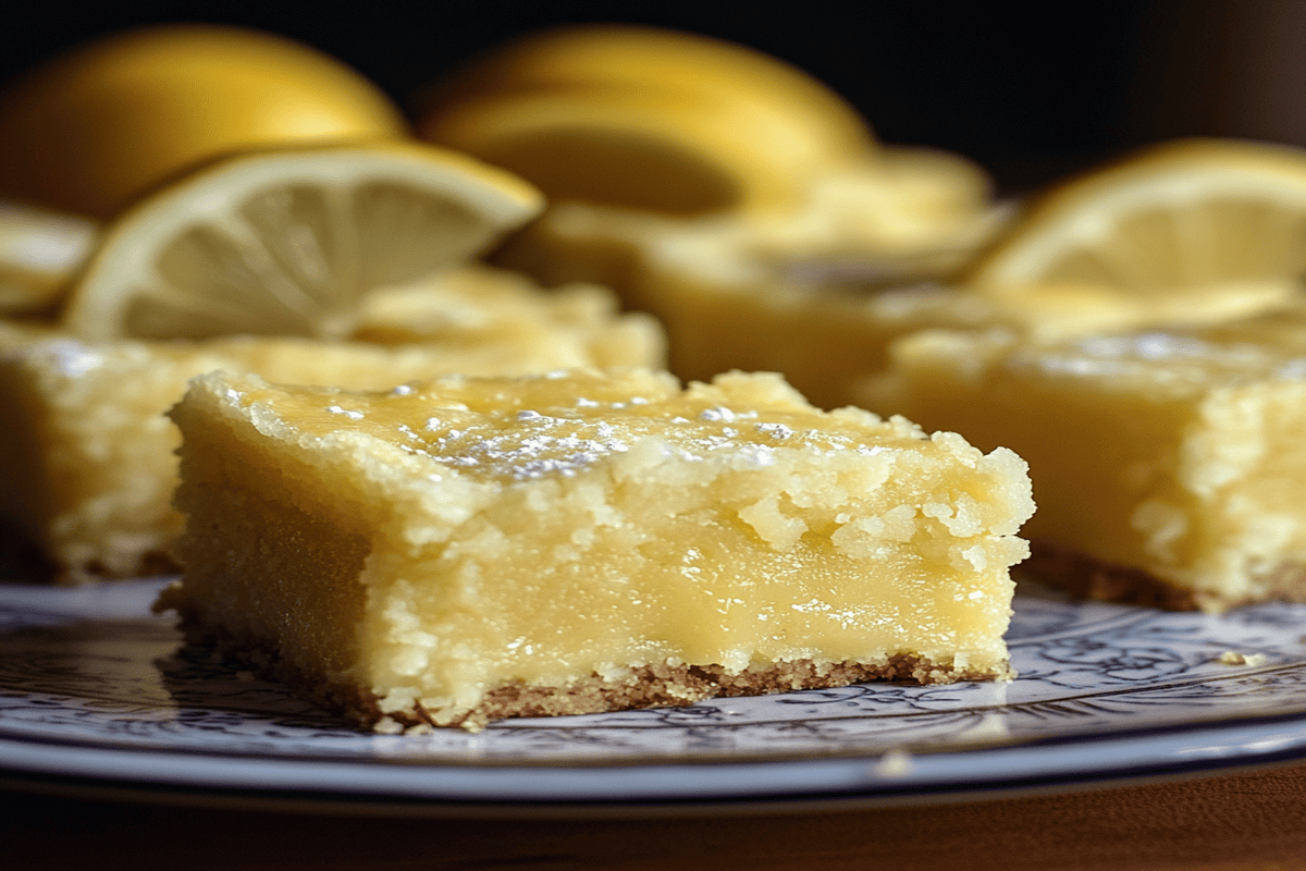 Lemon brownies with a glossy lemon glaze, topped with fresh lemon zest and powdered sugar, served on a rustic wooden plate.