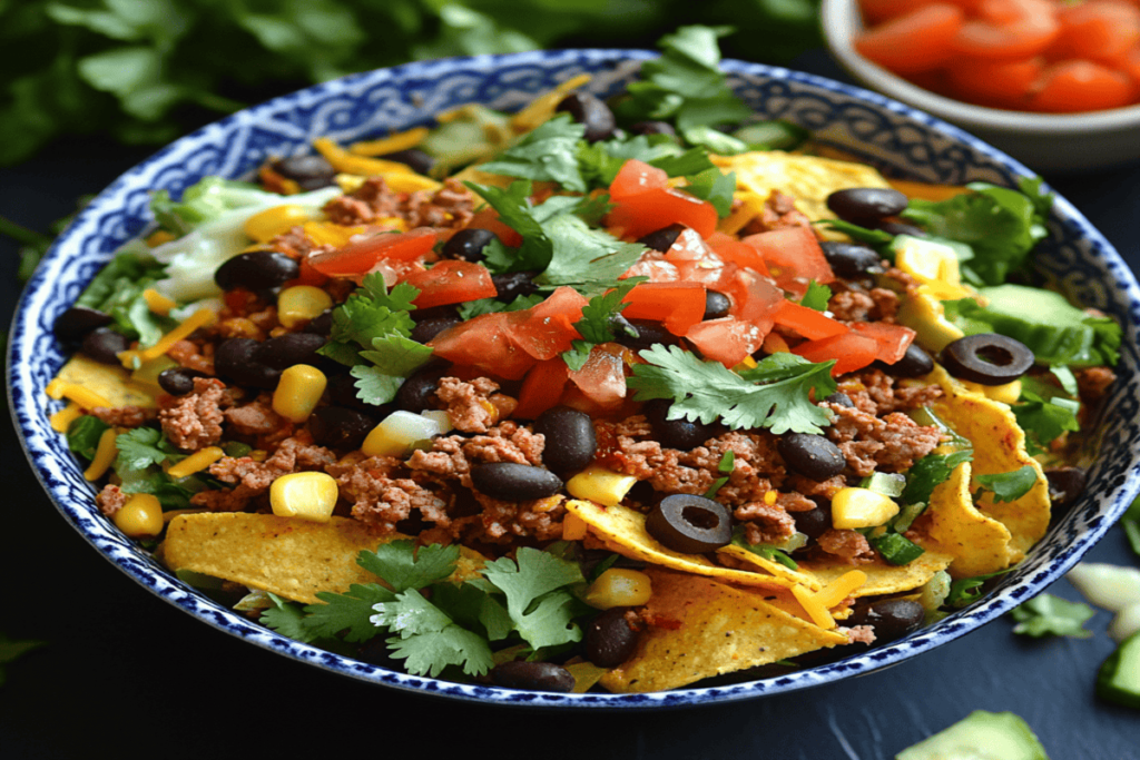 Delicious taco salad recipe with ground beef, lettuce, tomatoes, cheese, and crispy tortilla chips topped with salsa