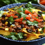 Delicious taco salad recipe with ground beef, lettuce, tomatoes, cheese, and crispy tortilla chips topped with salsa